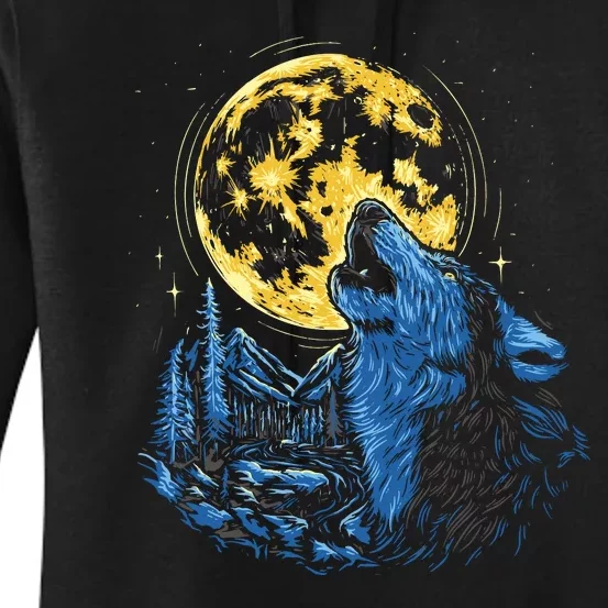 Howling Wolf Yellow Moon Women's Pullover Hoodie