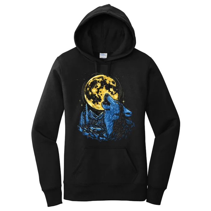 Howling Wolf Yellow Moon Women's Pullover Hoodie