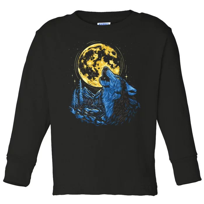 Howling Wolf Yellow Moon Toddler Long Sleeve Shirt