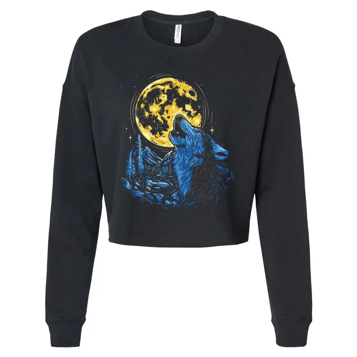 Howling Wolf Yellow Moon Cropped Pullover Crew