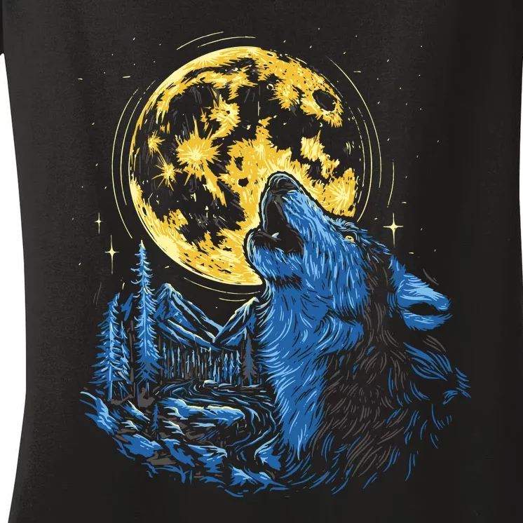 Howling Wolf Yellow Moon Women's V-Neck T-Shirt