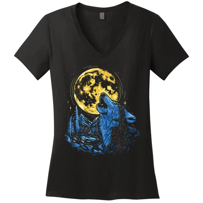 Howling Wolf Yellow Moon Women's V-Neck T-Shirt