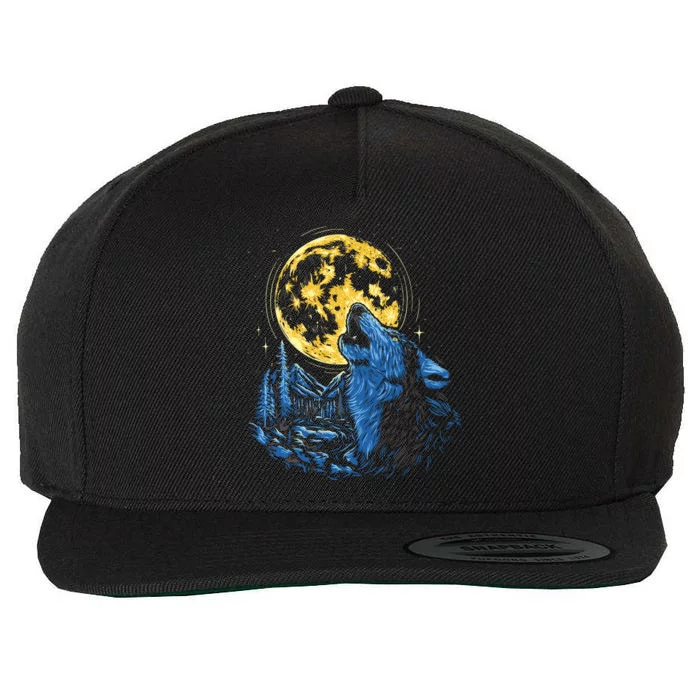 Howling Wolf Yellow Moon Wool Snapback Cap