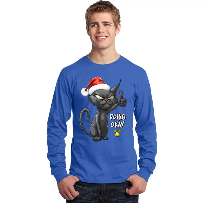 Holiday Xmas Christmas Cat Thumbs Up Doing Okay Sarcastic Tall Long Sleeve T-Shirt