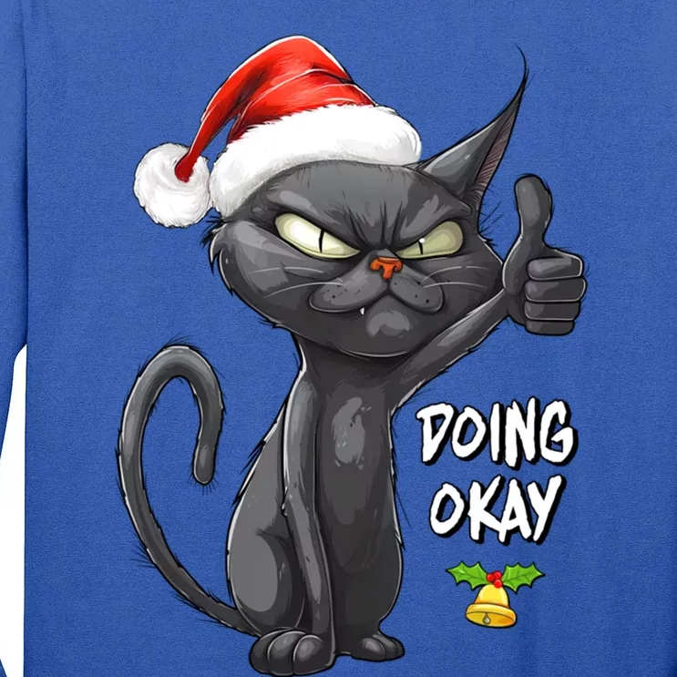 Holiday Xmas Christmas Cat Thumbs Up Doing Okay Sarcastic Tall Long Sleeve T-Shirt