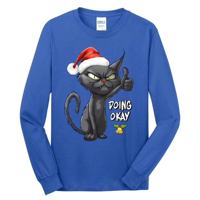 Holiday Xmas Christmas Cat Thumbs Up Doing Okay Sarcastic Tall Long Sleeve T-Shirt