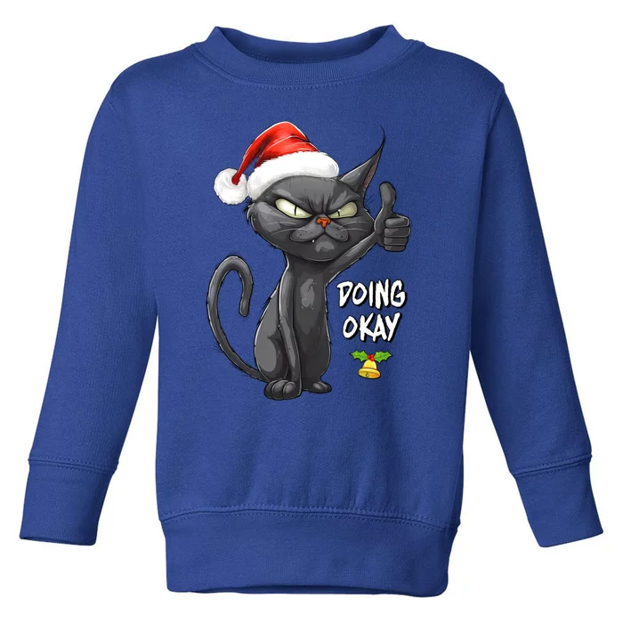 Holiday Xmas Christmas Cat Thumbs Up Doing Okay Sarcastic Toddler Sweatshirt