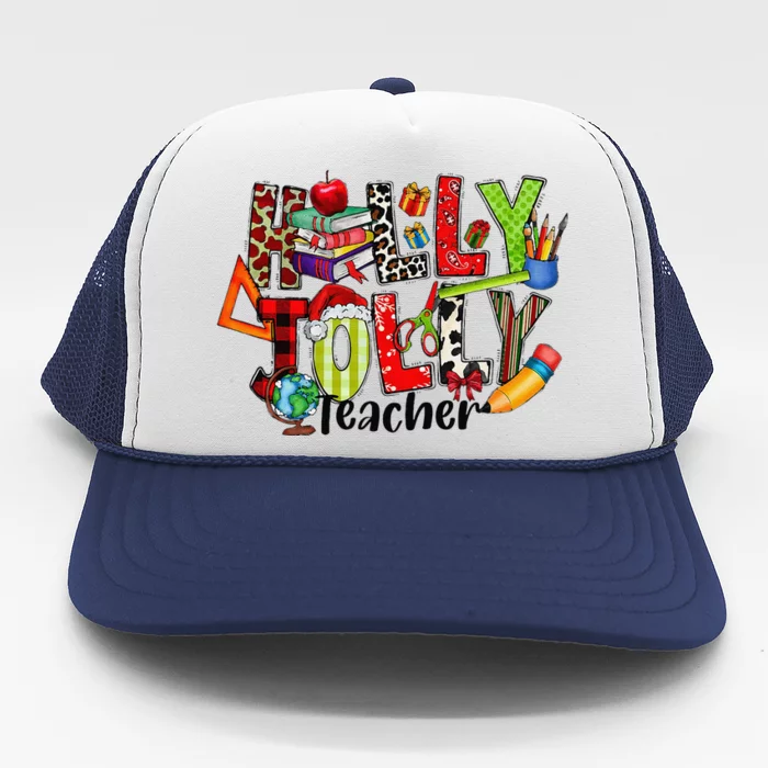 Holly Xmas Jolly Teacher Elements Christmas Teaching Pajama Trucker Hat