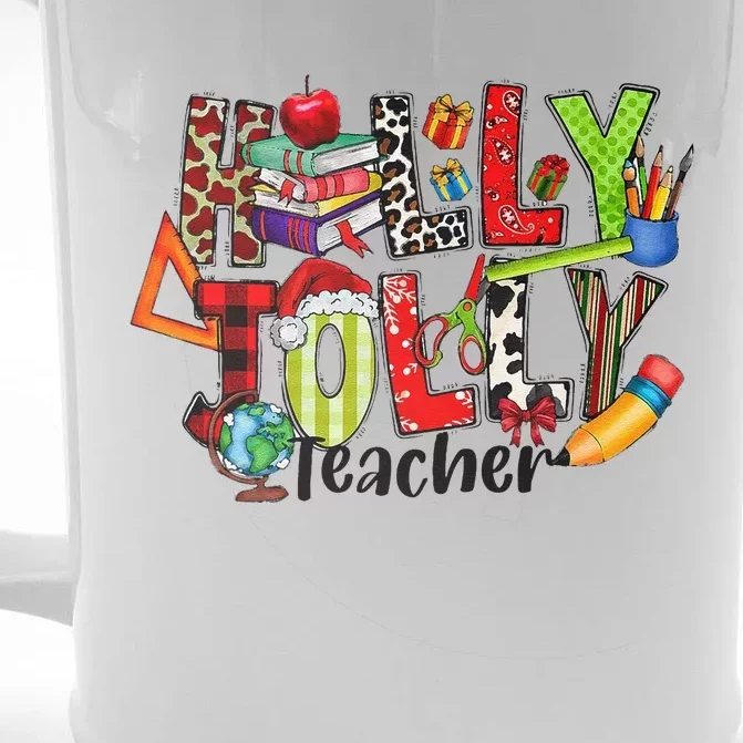 Holly Xmas Jolly Teacher Elements Christmas Teaching Pajama Front & Back Beer Stein