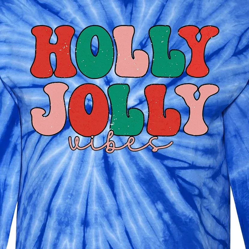 Holly Xmas Jolly Vibes Groovy Retro Hippie Christmas Pajamas Tie-Dye Long Sleeve Shirt