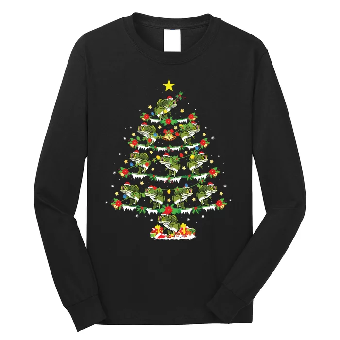 Holiday Xmas Lighting Santa Bass Fish Christmas Tree Long Sleeve Shirt