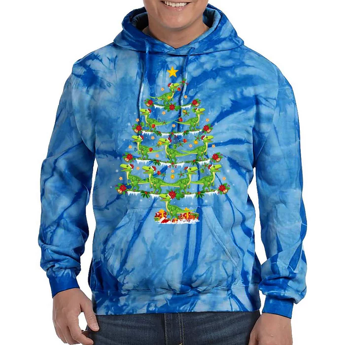 Holiday Xmas Lighting Santa Velociraptors Christmas Tree Gift Tie Dye Hoodie