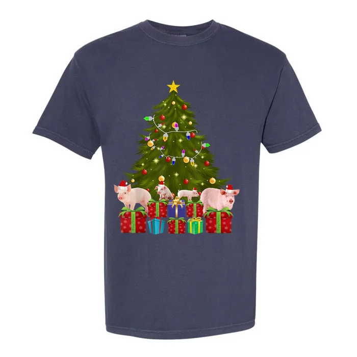 Holiday Xmas Lighting Santa Pig Christmas Tree Gift Garment-Dyed Heavyweight T-Shirt