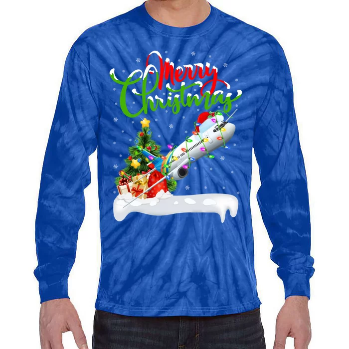 Holiday Xmas Tree Lighting Santa Hat Airplane Christmas Gift Tie-Dye Long Sleeve Shirt