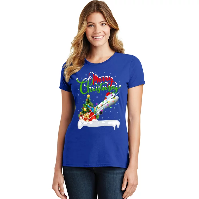 Holiday Xmas Tree Lighting Santa Hat Airplane Christmas Gift Women's T-Shirt