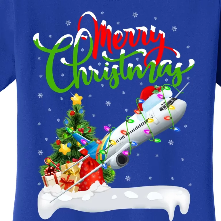 Holiday Xmas Tree Lighting Santa Hat Airplane Christmas Gift Women's T-Shirt