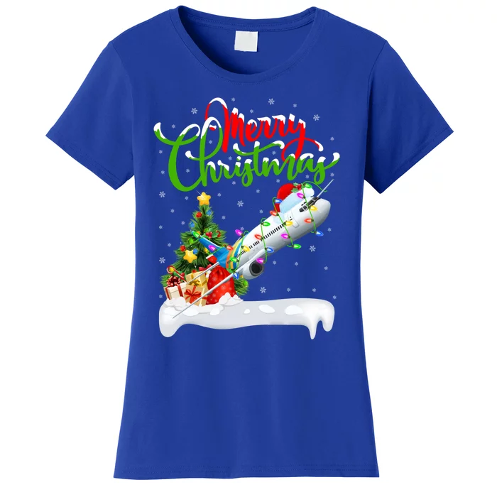 Holiday Xmas Tree Lighting Santa Hat Airplane Christmas Gift Women's T-Shirt