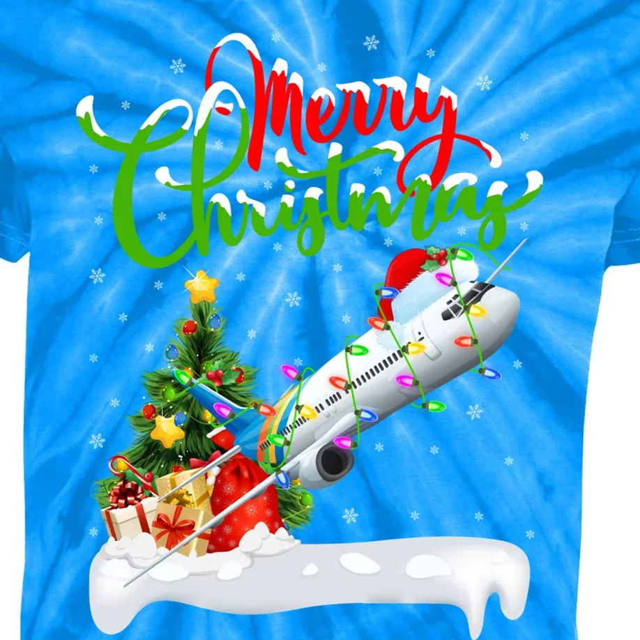 Holiday Xmas Tree Lighting Santa Hat Airplane Christmas Gift Kids Tie-Dye T-Shirt