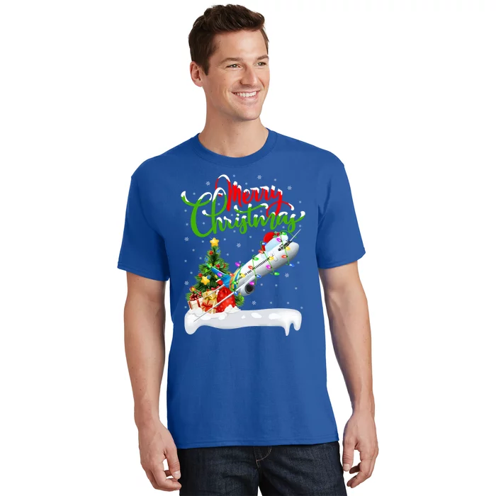 Holiday Xmas Tree Lighting Santa Hat Airplane Christmas Gift T-Shirt