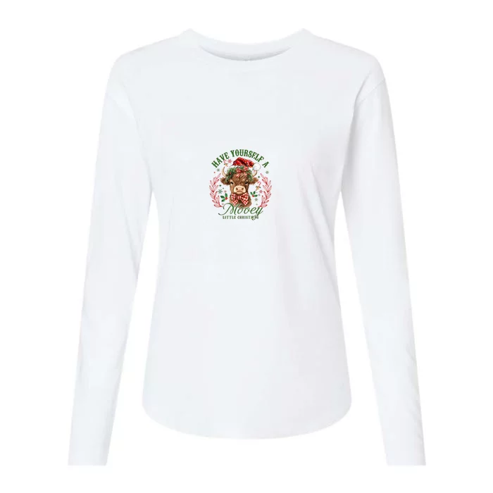 Have Yourself A Mooey Little Christmas Highland Cow Santa Womens Cotton Relaxed Long Sleeve T-Shirt