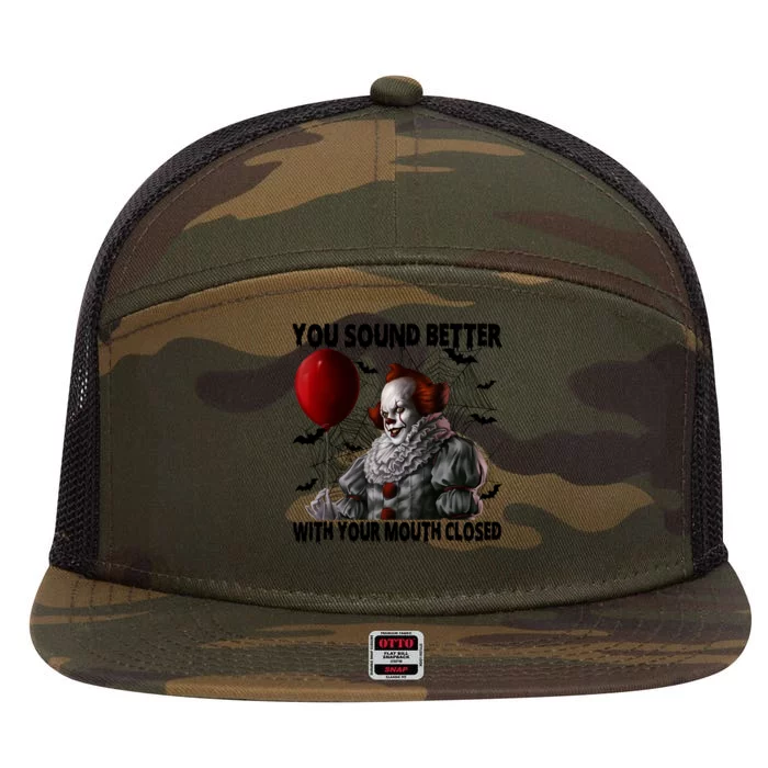 Halloween You Sound Better With Your Mouth Closed Pennywise Horror 7 Panel Mesh Trucker Snapback Hat