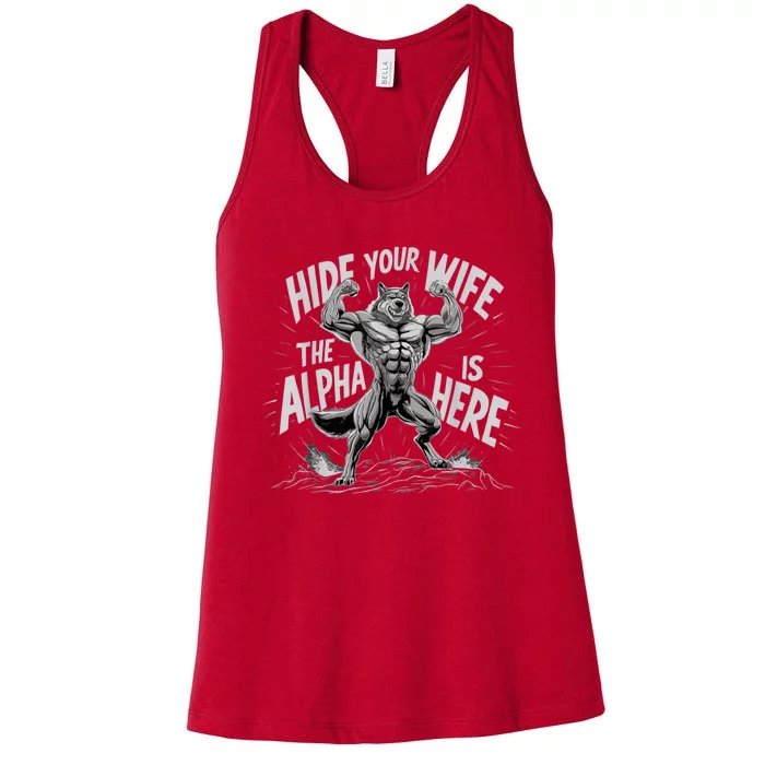 Hide Your Wife The Alpha Is Here Women's Racerback Tank