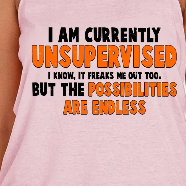 I Am Currently Unsupervised The Possibilities Are Endless Women's Knotted Racerback Tank