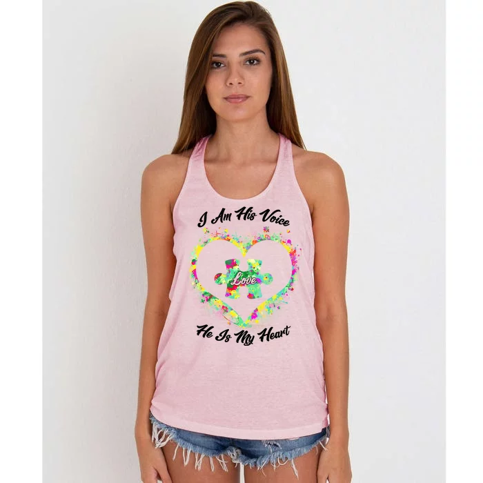 I Am His Voice He Is My Heart- Autism Awareness Women's Knotted Racerback Tank