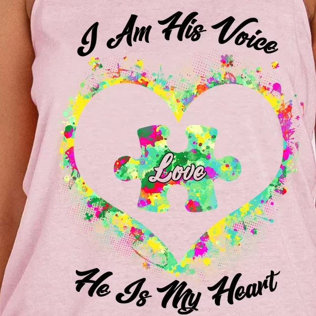 I Am His Voice He Is My Heart- Autism Awareness Women's Knotted Racerback Tank