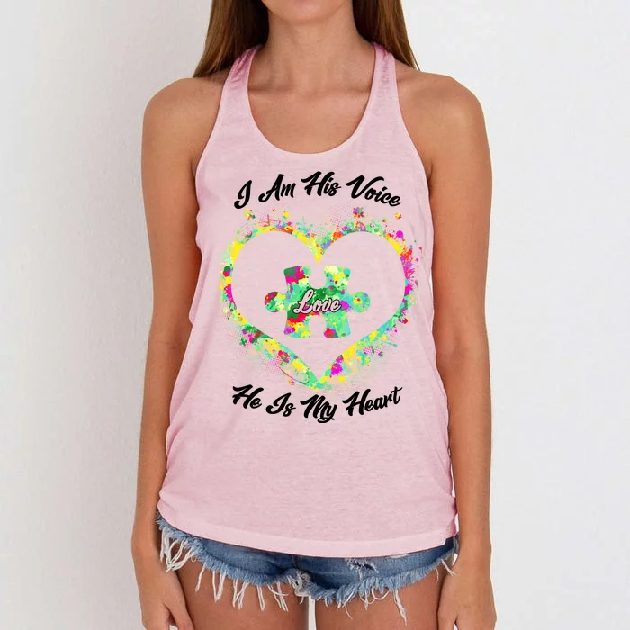 I Am His Voice He Is My Heart- Autism Awareness Women's Knotted Racerback Tank