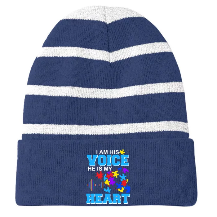 I Am His Voice He Is My Heart Autism Striped Beanie with Solid Band