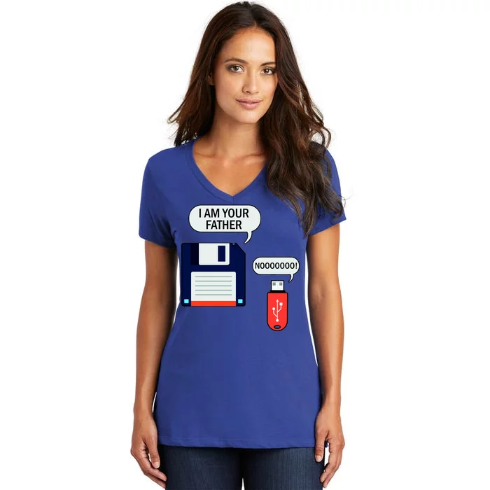 I Am Your Father Retro Floppy Disk USB Women's V-Neck T-Shirt