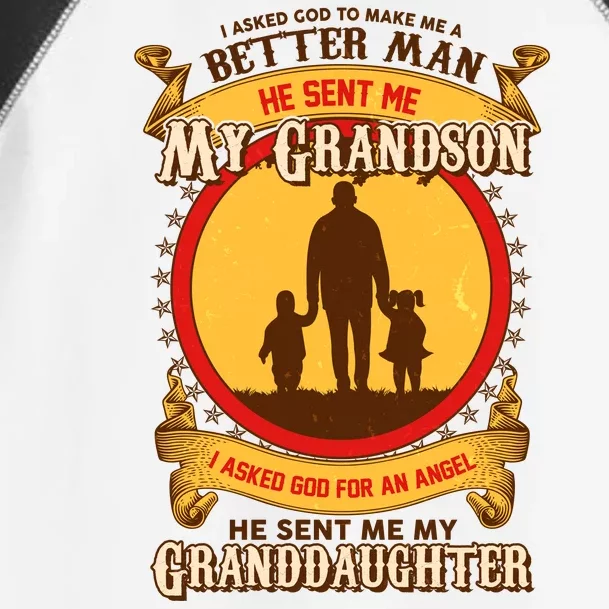 I Asked God to Make Me A Better Man Grandson Granddaughter Toddler Fine Jersey T-Shirt