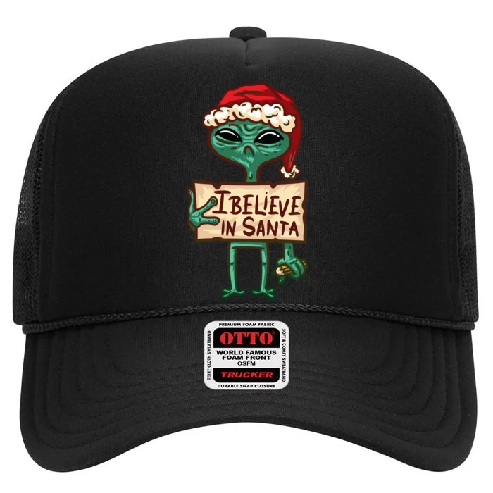 I Believe In Santa Funny Alien Christmas High Crown Mesh Trucker Hat