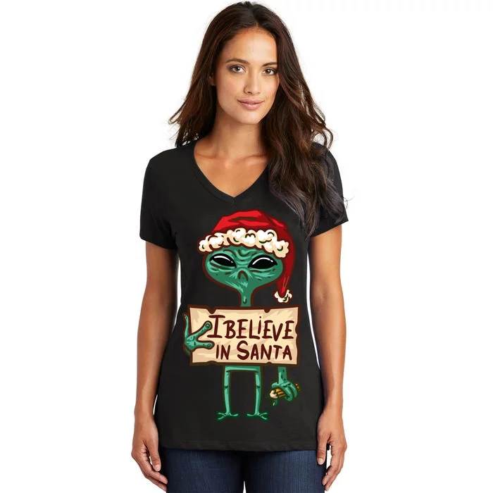 I Believe In Santa Funny Alien Christmas Women's V-Neck T-Shirt