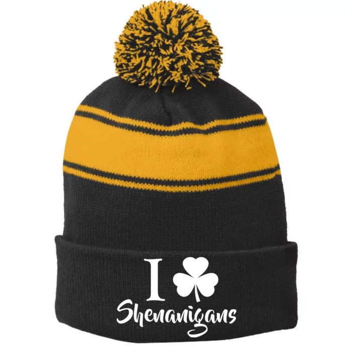 I Clover Shenanigans Irish Shamrock Stripe Pom Pom Beanie