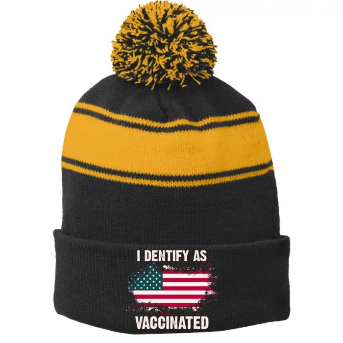 I Dentify As Vaccinated American Flag Stripe Pom Pom Beanie