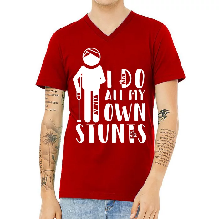 I Do All My Own Stunts Stick Figure V-Neck T-Shirt