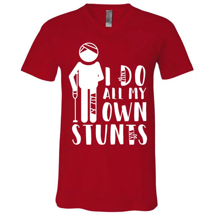 I Do All My Own Stunts Stick Figure V-Neck T-Shirt