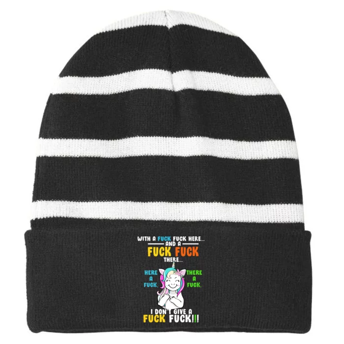 I Don't Give A Fuck Fuck Offensive Funny Unicorn Striped Beanie with Solid Band