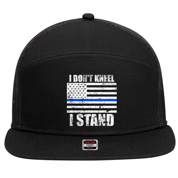 I Dont Kneel I Stand USA Blue Line Flag 7 Panel Mesh Trucker Snapback Hat