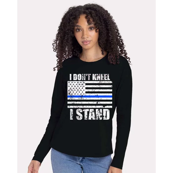 I Dont Kneel I Stand USA Blue Line Flag Womens Cotton Relaxed Long Sleeve T-Shirt