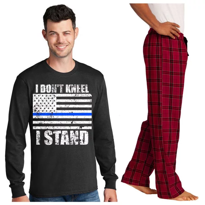 I Dont Kneel I Stand USA Blue Line Flag Long Sleeve Pajama Set