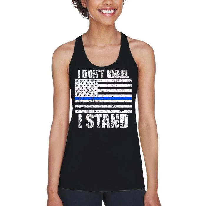 I Dont Kneel I Stand USA Blue Line Flag Women's Racerback Tank