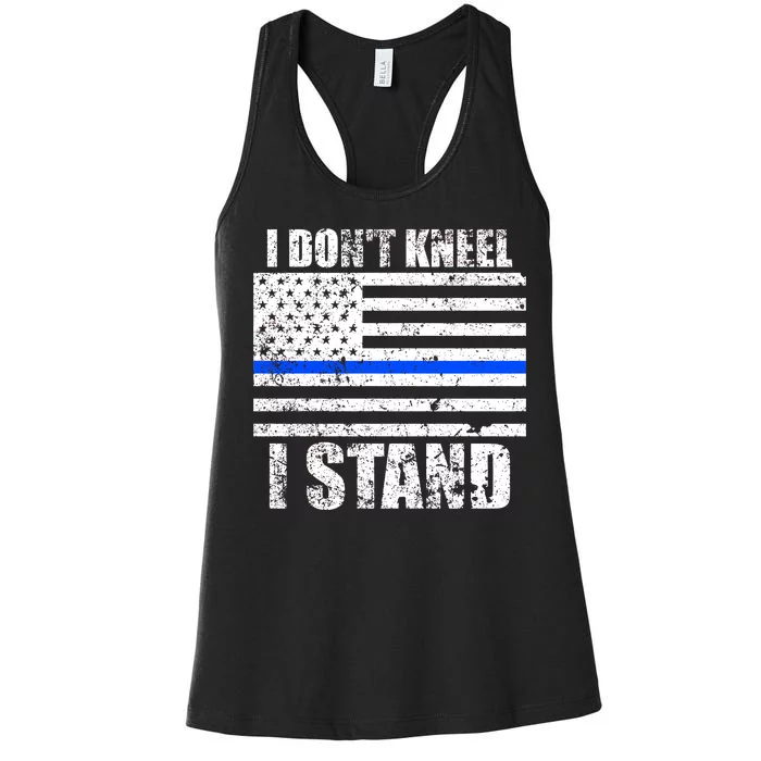 I Dont Kneel I Stand USA Blue Line Flag Women's Racerback Tank