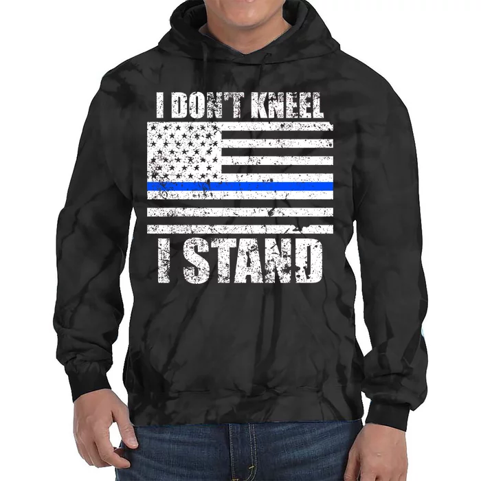 I Dont Kneel I Stand USA Blue Line Flag Tie Dye Hoodie