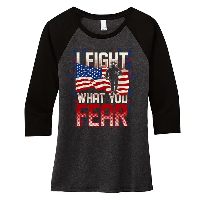 I Fight What You Fear Firefighter Women's Tri-Blend 3/4-Sleeve Raglan Shirt