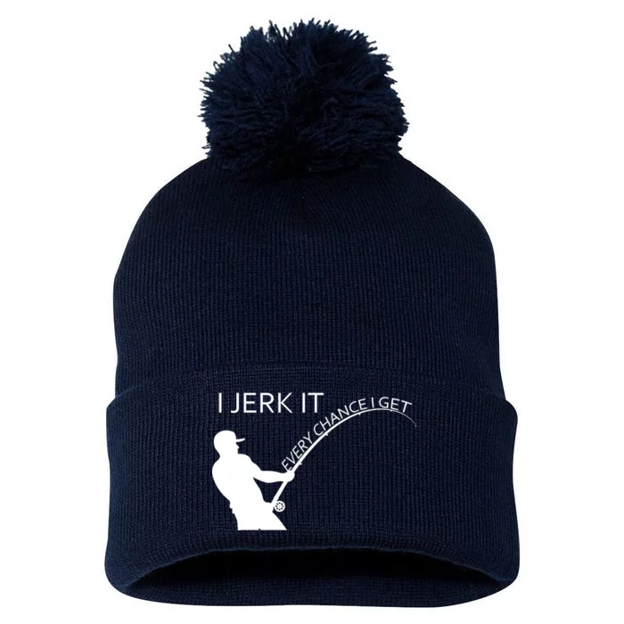 I Jerk It Funny Fishing Pole Pom Pom 12in Knit Beanie