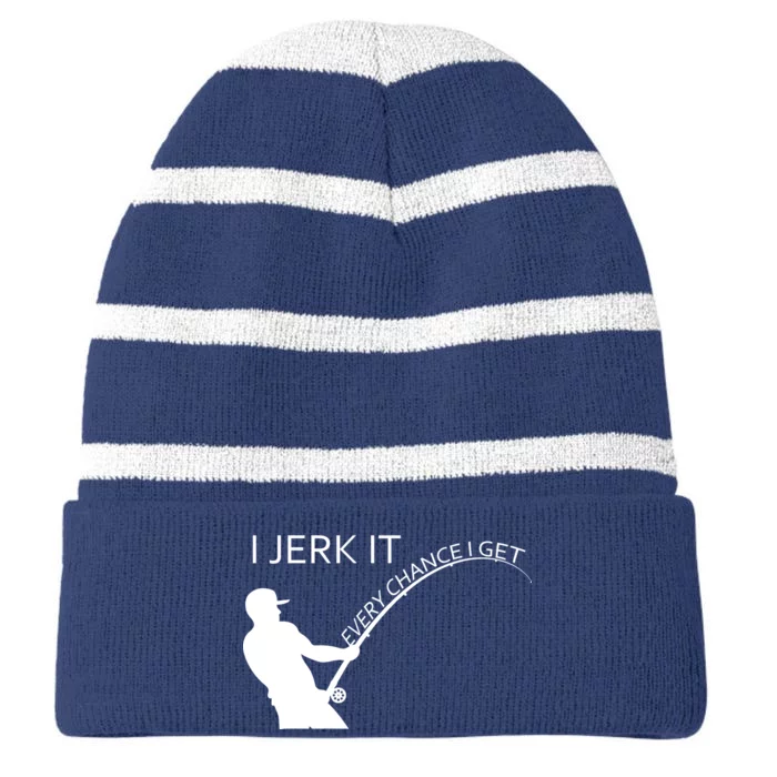 I Jerk It Funny Fishing Pole Striped Beanie with Solid Band