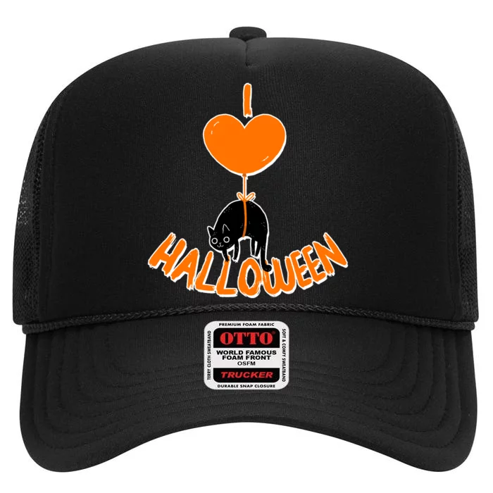 I Love Heart Halloween Cute Black Cat Balloon High Crown Mesh Trucker Hat